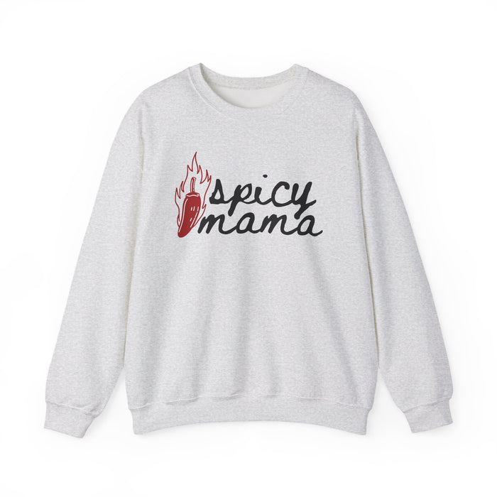 A cozy, vintage-washed Comfort Colors oversized crewneck by thtgrlreads featuring a bold "spicy mama" text with a flaming chili graphic, perfect for the Book Bestie collection.