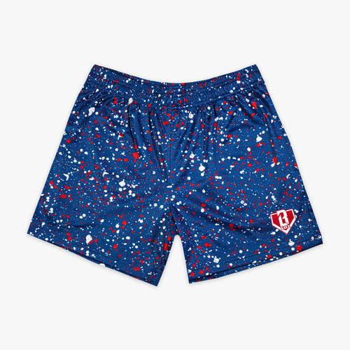 Red, white & blue Splatter USA shorts — front view