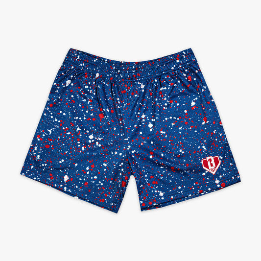 Red, white & blue Splatter USA shorts — front view