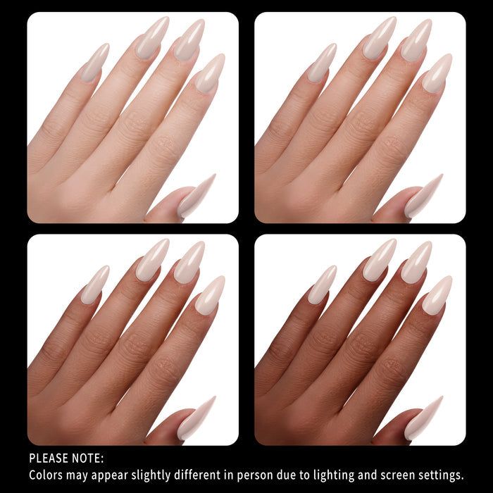 Nails with beige nail polish on different skin tones.