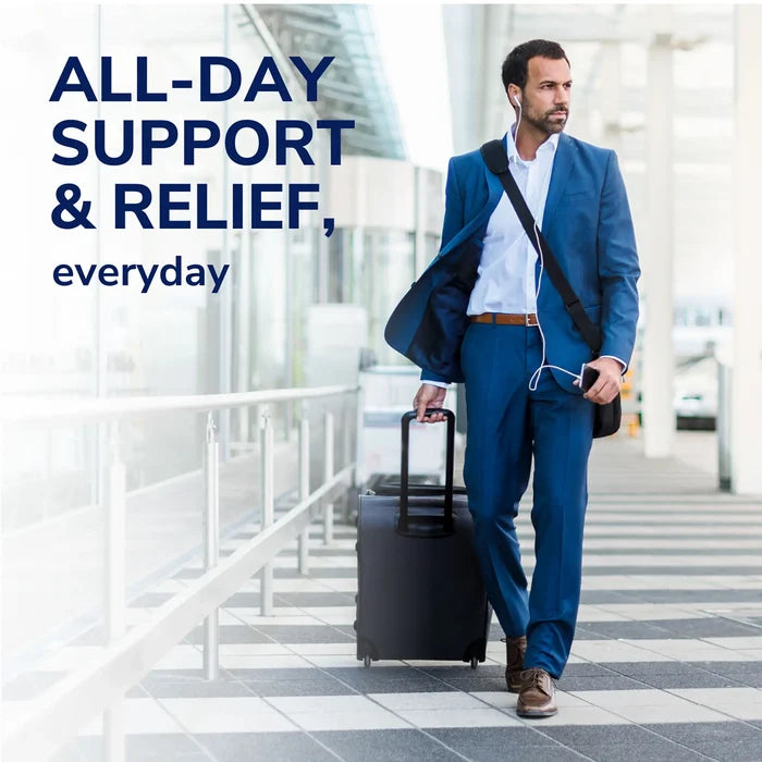All-day support insole lifestyle shot: man walking in blue suit and dress shoes