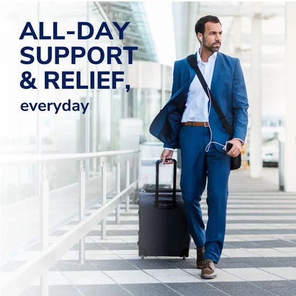 All-day support insole lifestyle shot: man walking in blue suit and dress shoes