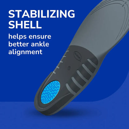 Stabilizing shell insole, gray base with blue arch insert and grip ridges