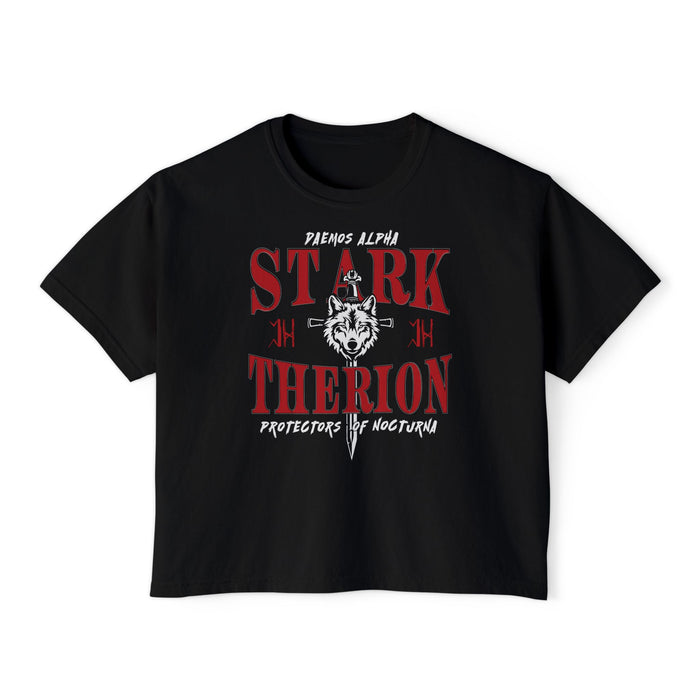 Thtgrlreads Wolves of Ruin collection black Comfort Colors crop top featuring bold red gothic text and a graphic wolf head with a sword, blending fantasy and bookish style.