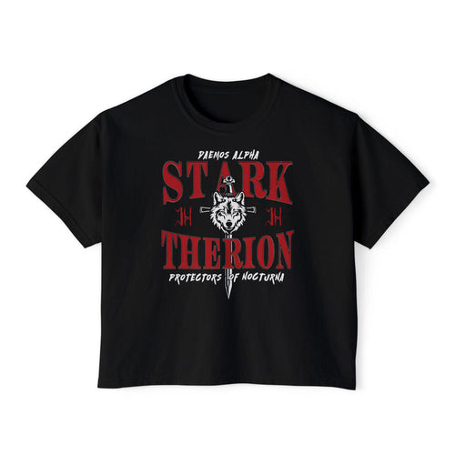 Thtgrlreads Wolves of Ruin collection black Comfort Colors crop top featuring bold red gothic text and a graphic wolf head with a sword, blending fantasy and bookish style.