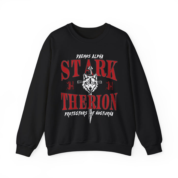 thtgrlreads Wolves of Ruin collection oversized crewneck sweatshirt featuring vintage-style red gothic text and a wolf graphic with sword, made from soft Comfort Colors fabric.