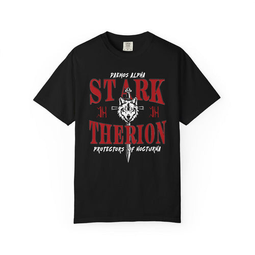 Unisex Comfort Colors graphic tee from thtgrlreads featuring Wolves of Ruin design with bold red gothic text and a detailed wolf head illustration, part of official licensed bookish apparel collections.