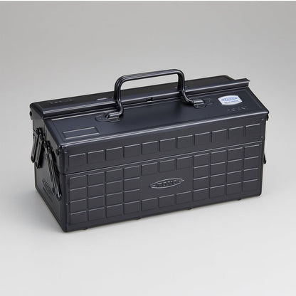 Black steel cantilever toolbox with top carry handle and latch on front.