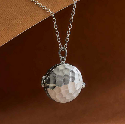 Sterling Silver Circle Locket Necklace with Hammer Finish
