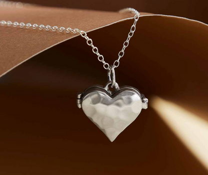 Sterling Silver Heart Locket Necklace with Hammer Finish