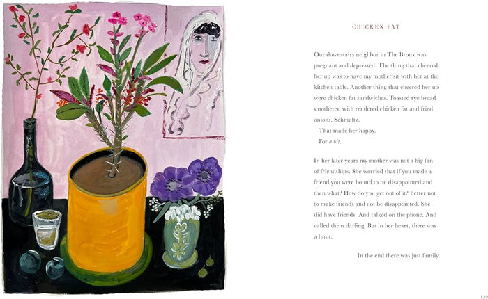 Open book page with still life: bottle, yellow jug, purple flowers, small vase