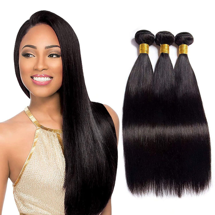 Woman with long black hair and three bundles of hair extensions on a white background