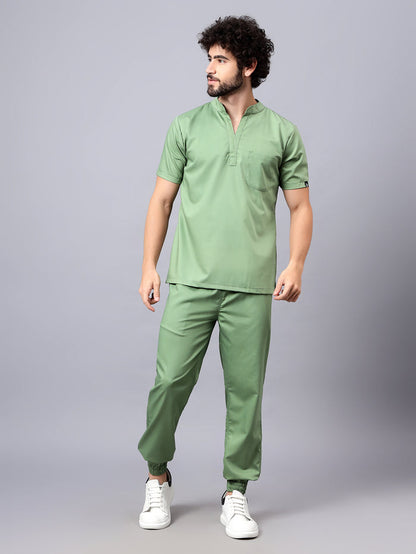 Stretchable (2Way) Men Pista Green Mandarin Neck With Jogger Scrub Set