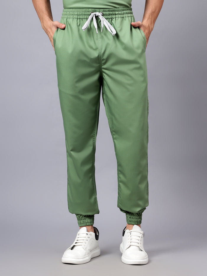 Stretchable (2Way) Men Pista Green Mandarin Neck With Jogger Scrub Set