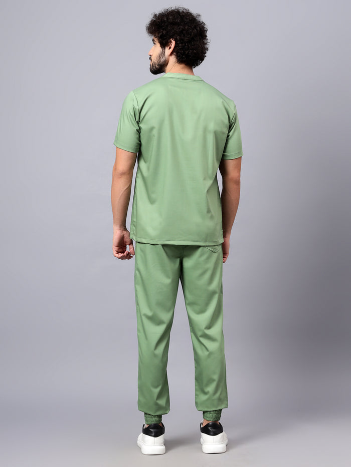 Stretchable (2Way) Men Pista Green Mandarin Neck With Jogger Scrub Set