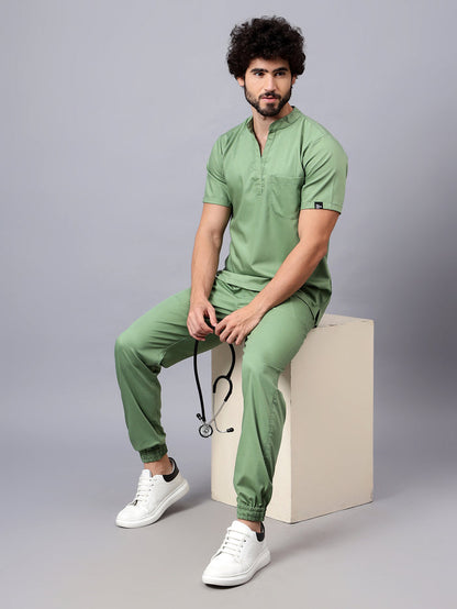 Stretchable (2Way) Men Pista Green Mandarin Neck With Jogger Scrub Set