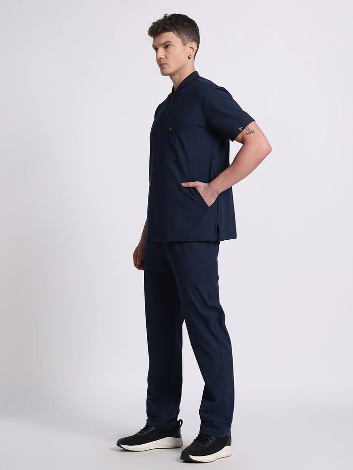 Stretchable (4Way) Navy Blue Men Flex Zip Neckline Top With Straight Pants
