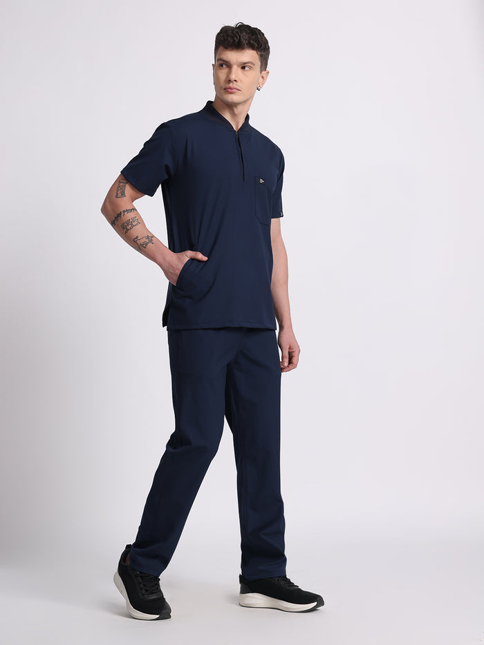 Stretchable (4Way) Navy Blue Men Flex Zip Neckline Top With Straight Pants