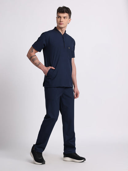 Stretchable (4Way) Navy Blue Men Flex Zip Neckline Top With Straight Pants
