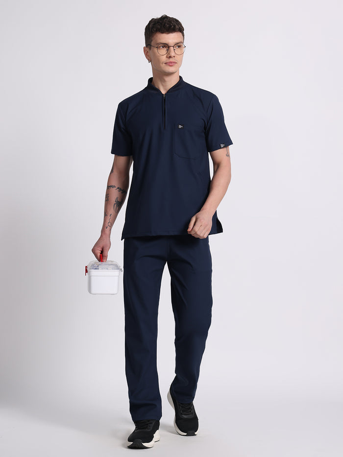 Stretchable (4Way) Navy Blue Men Flex Zip Neckline Top With Straight Pants