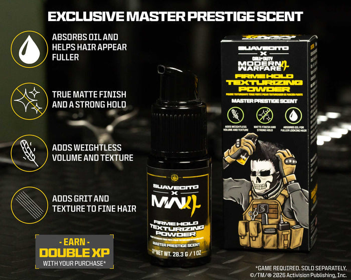 Suavecito X Call of Duty: Modern Warfare 4 Firme Hold Texturizing Powder infographic