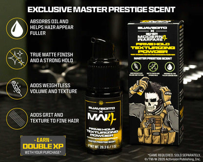 Suavecito X Call of Duty: Modern Warfare 4 Firme Hold Texturizing Powder infographic