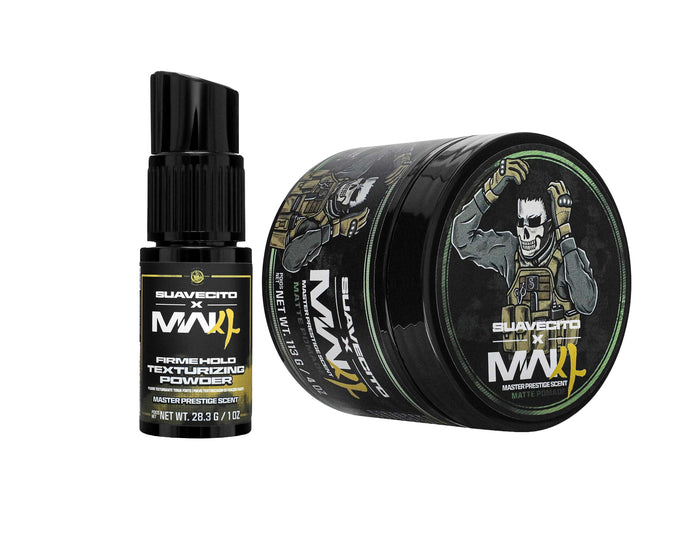Suavecito X Call of Duty Matte Pomade & Firme Hold Texturizing Powder on a white background