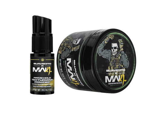Suavecito X Call of Duty Matte Pomade & Firme Hold Texturizing Powder on a white background