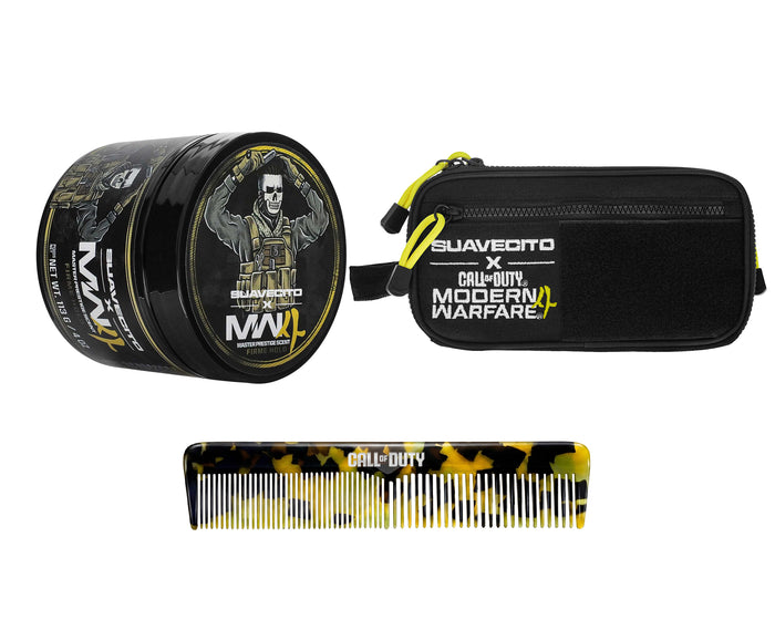 Suavecito X Call of Duty Firme Hold Pomade, Dopp Bag, and Acetate comb on a white background