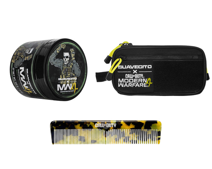 Matte Suavecito X Call of Duty Pomade, Dopp Bag, and Acetate comb on a white background