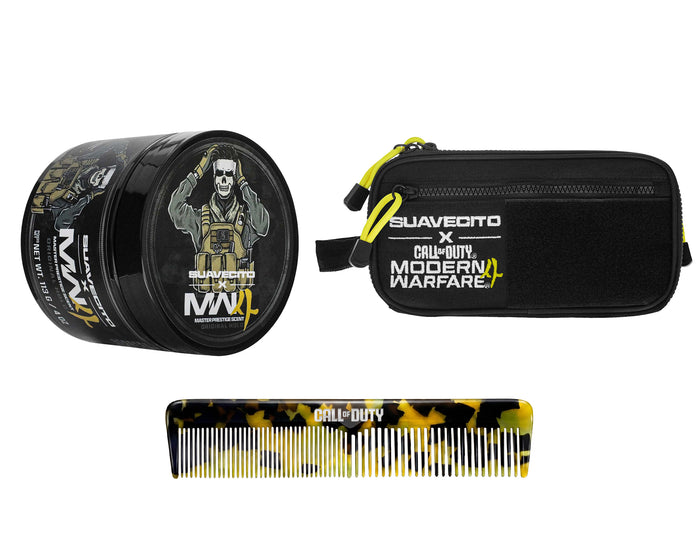 Suavecito X Call of Duty OG Hold Pomade, Dopp Bag, and Acetate comb on a white background