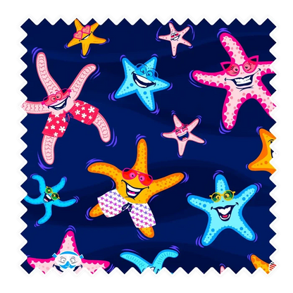 Nachhaltige Badehose aus recyceltem Material – Muster Super Starfish von Noah*s Ocean.