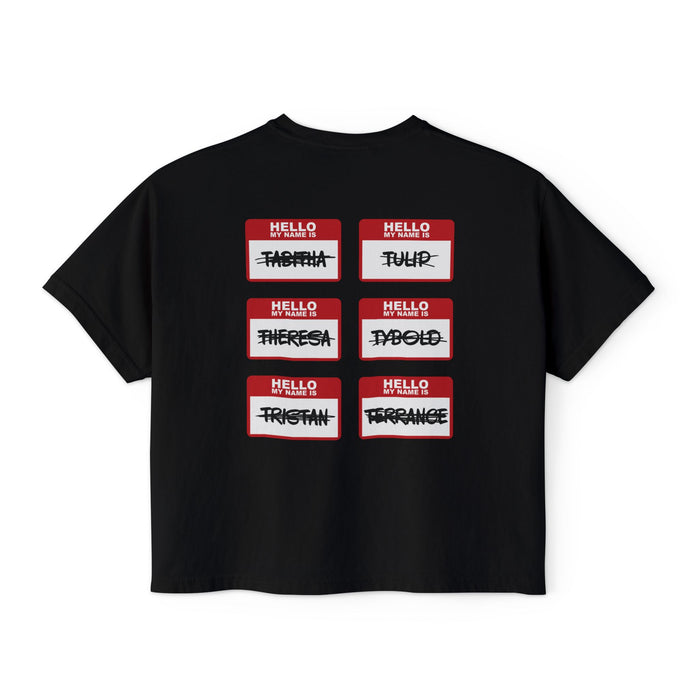 Thtgrlreads Kindred's Curse Saga crop top featuring a vintage wash Comfort Colors base with printed name tag graphics crossed out for a bold bookish design.