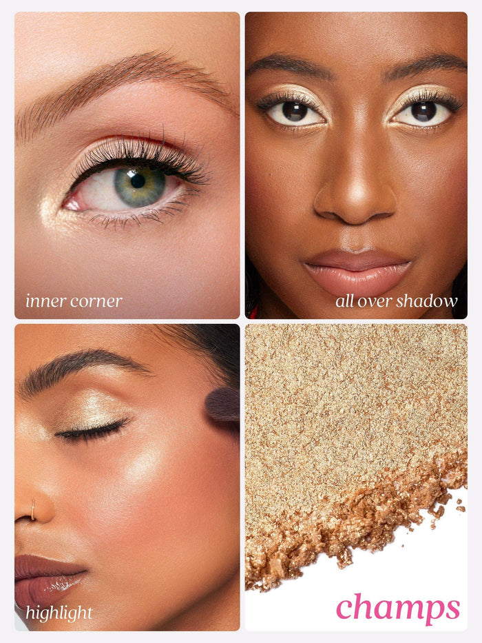 Three close-up images show eyes and cheekbone makeup application, demonstrating inner corner, all over shadow, and highlight techniques. A fourth image displays a gold eyeshadow labeled champs.