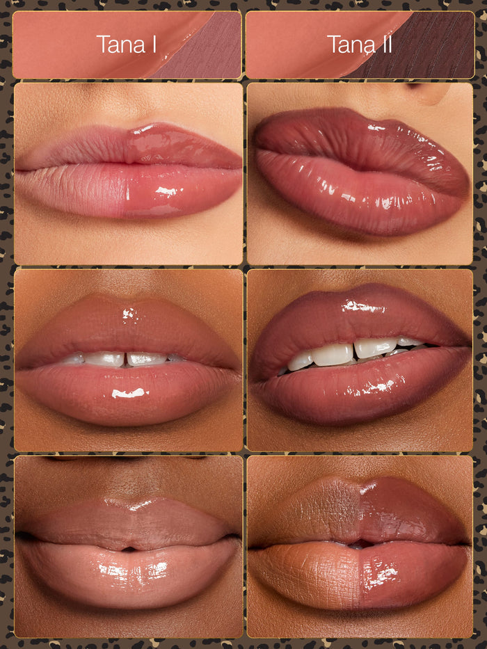 Collage of lip swatches labeled Tana 1 and Tana 2 on a neutral background.