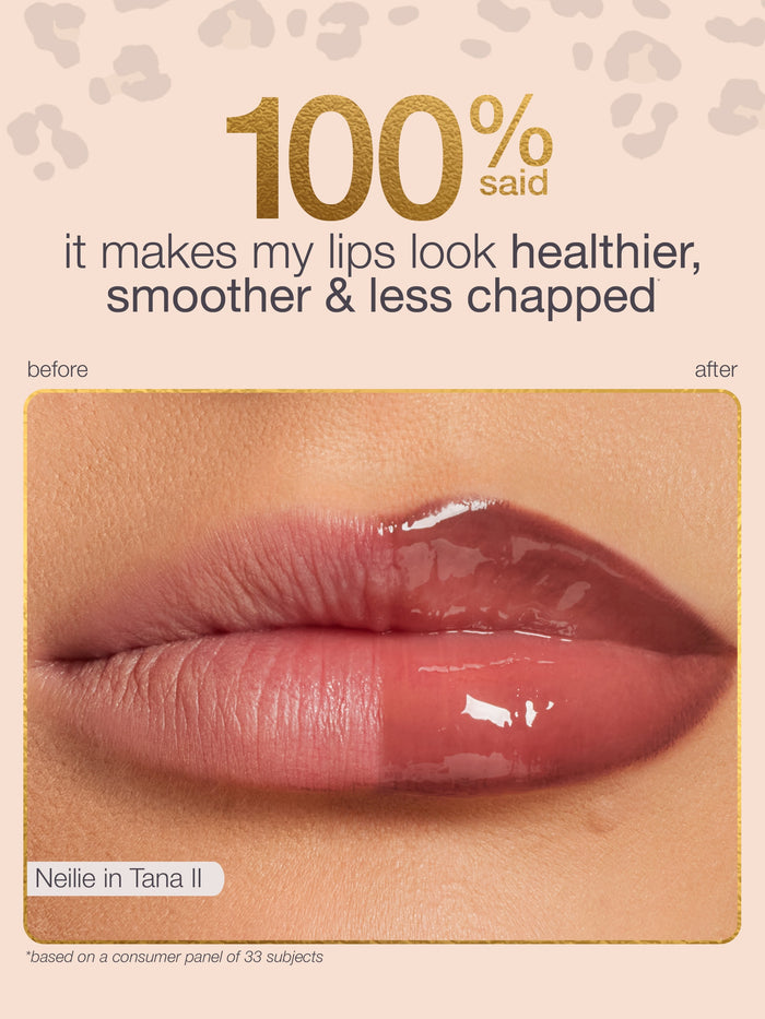 Lip product advertisement showing a close-up of lips with a before and after comparison, featuring the brand 'Neille' in Tana II.