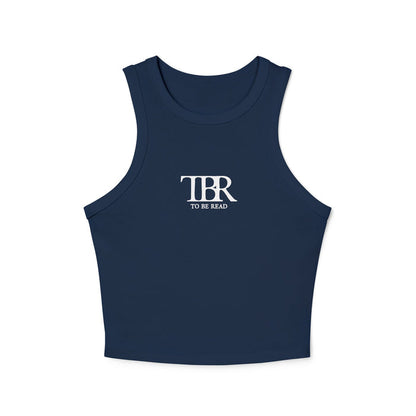 Navy blue vintage-wash Comfort Colors cropped tank top from thtgrlreads, featuring a minimalist "TBR To Be Read" printed design, perfect for Book Bestie fans.
