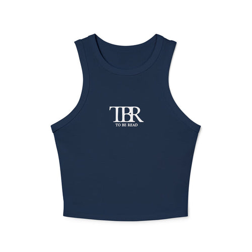 Navy blue vintage-wash Comfort Colors cropped tank top from thtgrlreads, featuring a minimalist "TBR To Be Read" printed design, perfect for Book Bestie fans.