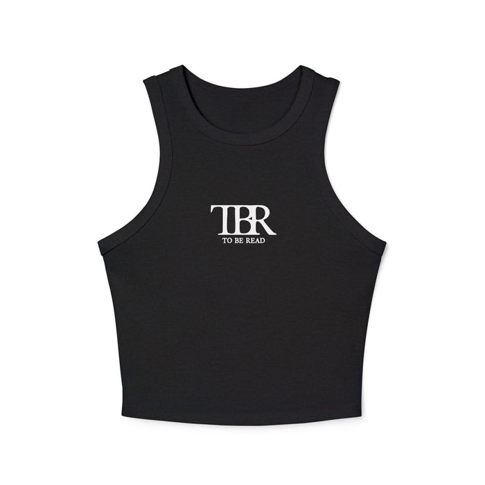Thtgrlreads bookish apparel featuring a black Comfort Colors cropped tank with a minimalist "TBR To Be Read" vintage puff print graphic, perfect for Book Bestie fans.