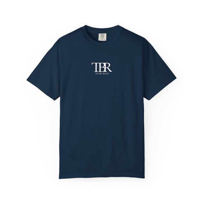 A navy Comfort Colors graphic tee from thtgrlreads featuring a simple white vintage print reading "TBR To Be Read," part of The Life of a Book Bestie and Off Brand collections.