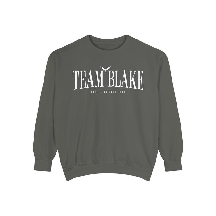 Bloodwing Academy crewneck sweatshirt from thtgrlreads featuring a vintage-wash Comfort Colors oversized crewneck in dark gray with white "Team Blake" gothic script print.