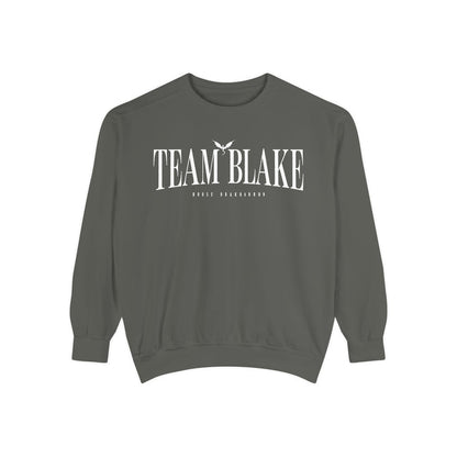 Bloodwing Academy crewneck sweatshirt from thtgrlreads featuring a vintage-wash Comfort Colors oversized crewneck in dark gray with white "Team Blake" gothic script print.
