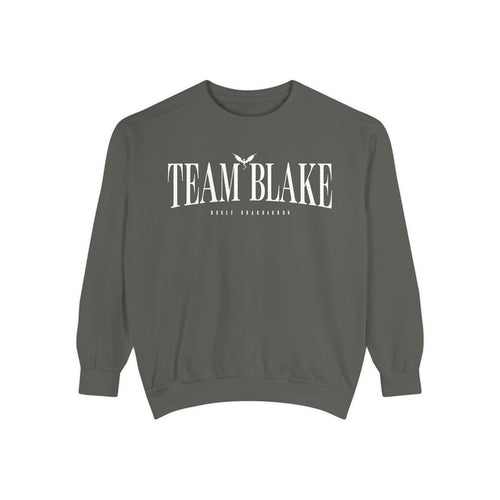 Bloodwing Academy crewneck sweatshirt from thtgrlreads featuring a vintage-wash Comfort Colors oversized crewneck in dark gray with white "Team Blake" gothic script print.