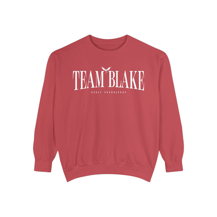 Bloodwing Academy crewneck sweatshirt by thtgrlreads featuring "Team Blake" vintage puff print text on a soft, vintage-washed Comfort Colors oversized unisex crewneck.