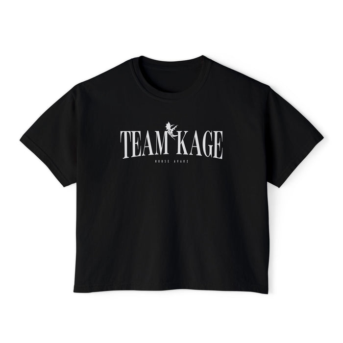 Bloodwing Academy crop top from thtgrlreads featuring a black Comfort Colors fabric with vintage wash and a bold white printed "TEAM KAGE" design in classic serif font.