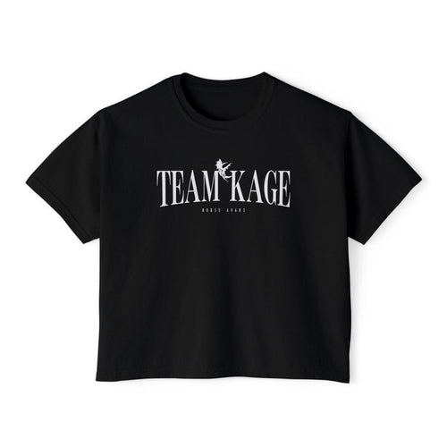 Bloodwing Academy crop top from thtgrlreads featuring a black Comfort Colors fabric with vintage wash and a bold white printed "TEAM KAGE" design in classic serif font.