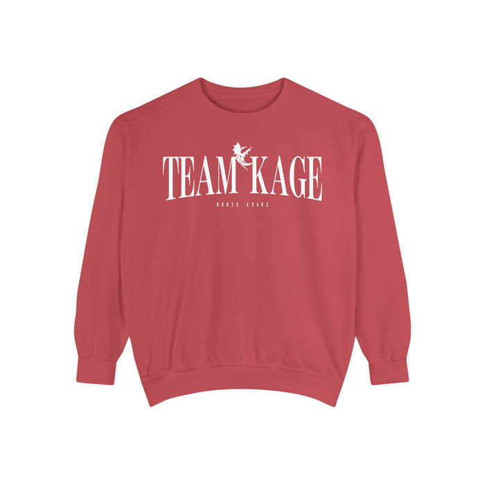 Bloodwing Academy crewneck sweatshirt from thtgrlreads featuring a vintage wash Comfort Colors base and bold white "Team Kage" graphic with a witch silhouette, perfect for fans.