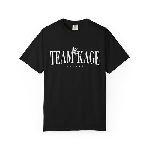 Black Comfort Colors graphic tee from thtgrlreads featuring Bloodwing Academy inspired "TEAM KAGE" text with a small dragon silhouette, part of the Tees collection.