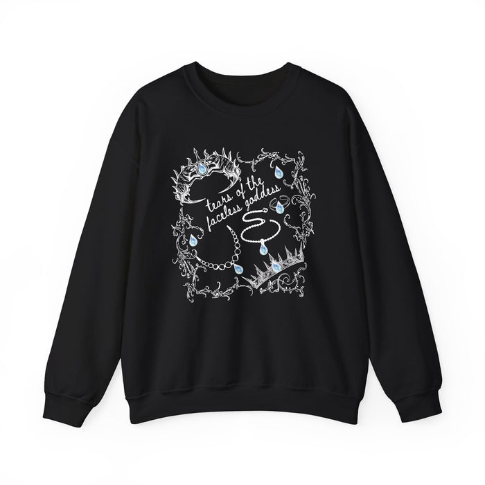 thtgrlreads Wolves of Ruin collection features this black oversized crewneck sweatshirt by Printify with vintage-style graphic of crowns and teardrops framing handwritten text, combining comfort colors fabric with romantasy bookish appeal.