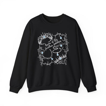 thtgrlreads Wolves of Ruin collection features this black oversized crewneck sweatshirt by Printify with vintage-style graphic of crowns and teardrops framing handwritten text, combining comfort colors fabric with romantasy bookish appeal.